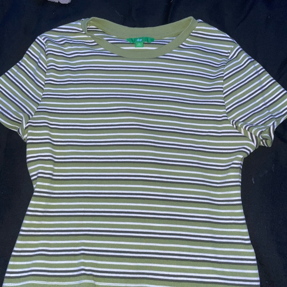 Green black and white stripped tshirt. Thick and not see through. Worn once